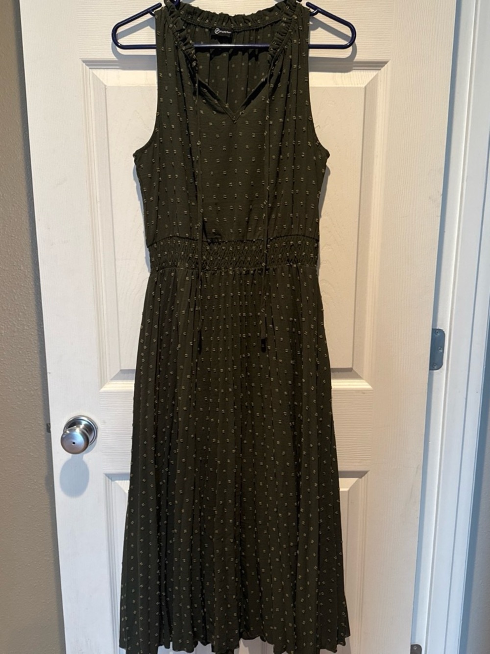 Smocked Waist Olive Midi Dress with V-Neck Tie